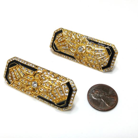 Art Deco Style Large Earrings, Clear Rhinestones, Black Enamel, 1980s Vintage - Picture 7 of 10